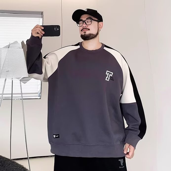 PANG哥 潮牌大码男装2025秋冬胖子套头撞色毛衣宽松针织衫