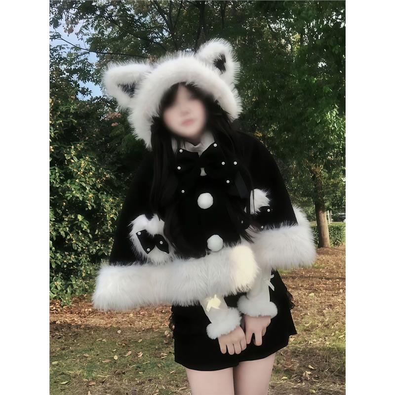 Lolita毛绒猫耳斗篷套装