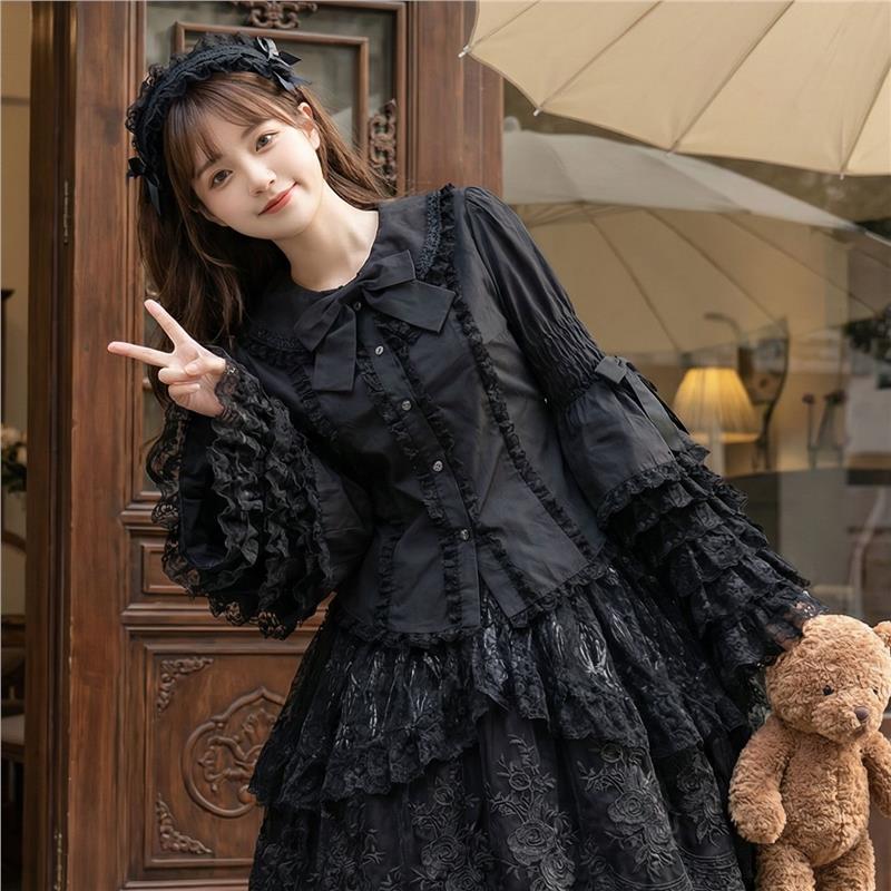 lolita新款姬袖蝴蝶结黑色衬衫