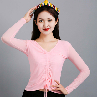 新疆舞蹈演出服网纱上衣拉丁舞练习女修身黑色红色夏季打底衫舞服