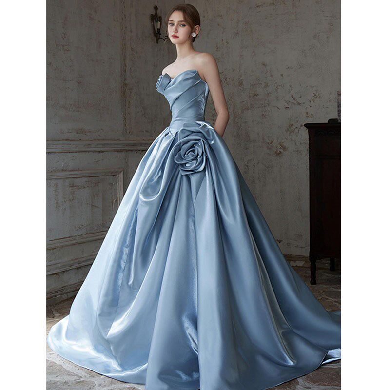 蓝色晚礼服2025新款法式缎面抹胸公主裙艺考主持演出服生日成人礼