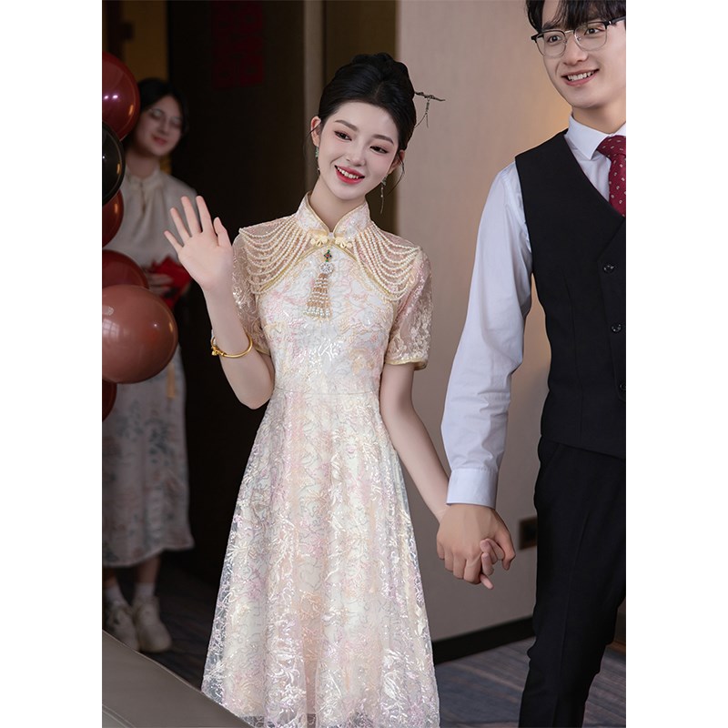 好货新中式订婚礼服裙改良香槟色日常旗袍敬酒服新娘结婚衣服回门