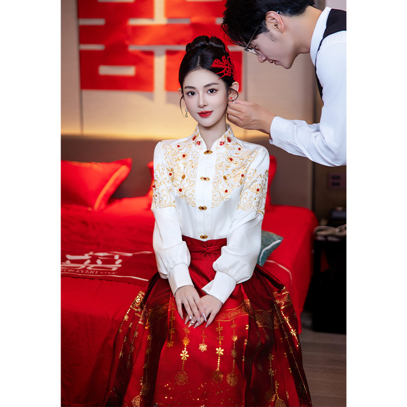 好货新中式长袖马面裙套装婚服订婚礼服裙回门敬酒服结婚当天新娘