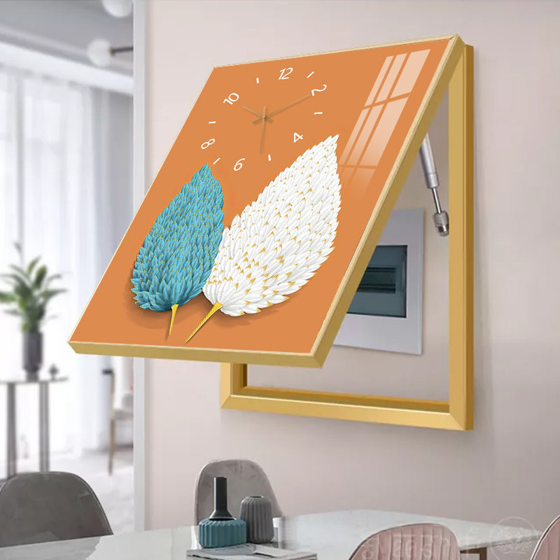 好货羽毛电表箱装饰画竖款带钟表配电箱挂画电闸箱遮挡轻奢时钟液