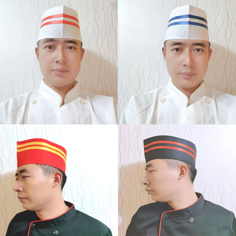 极速厨师帽子男女工作帽白色红边厨房布帽餐饮平顶帽透气通用加厚