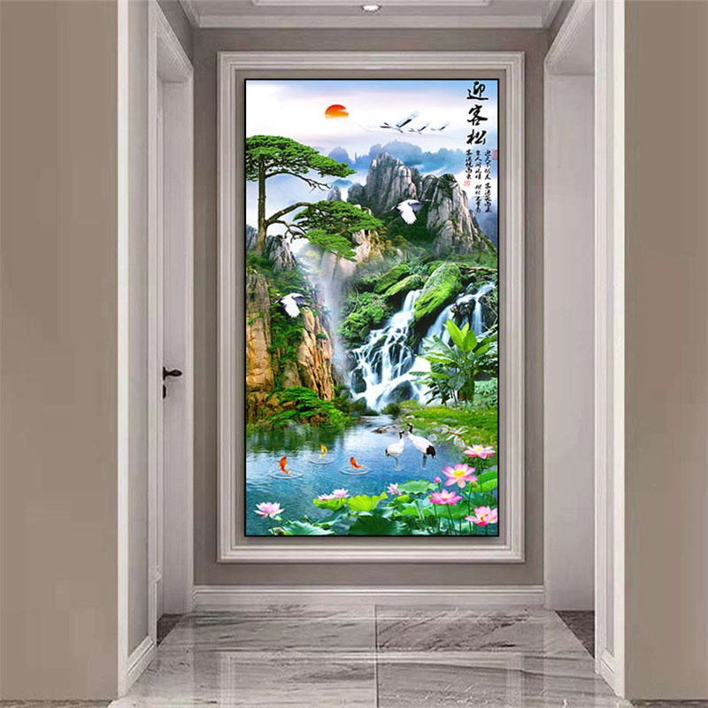 好货新中式中国风玄关装饰画晶瓷画酒店客厅过道走廊山水风景竖版