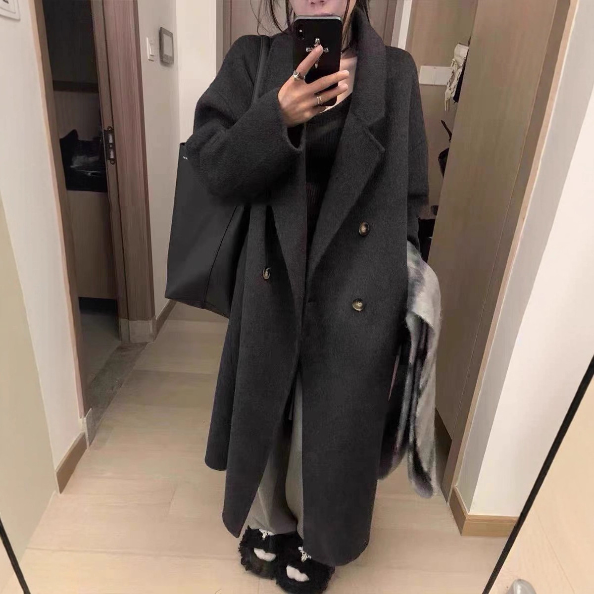 高个子灰色双面呢羊绒大衣加长到脚踝春秋冬超长款毛呢外套女