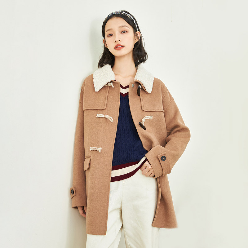 茵曼毛呢外套女中长款2021年新款冬牛角扣翻领宽松外衣