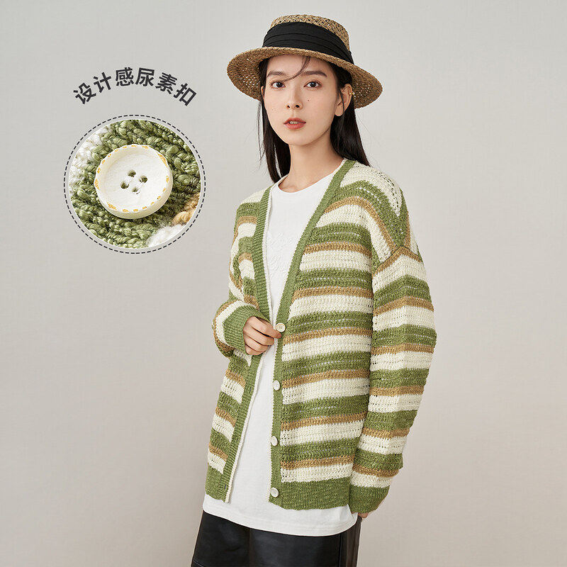 【商场同款】茵曼宽松女2022年春季新款条纹撞色休闲百搭针织开衫