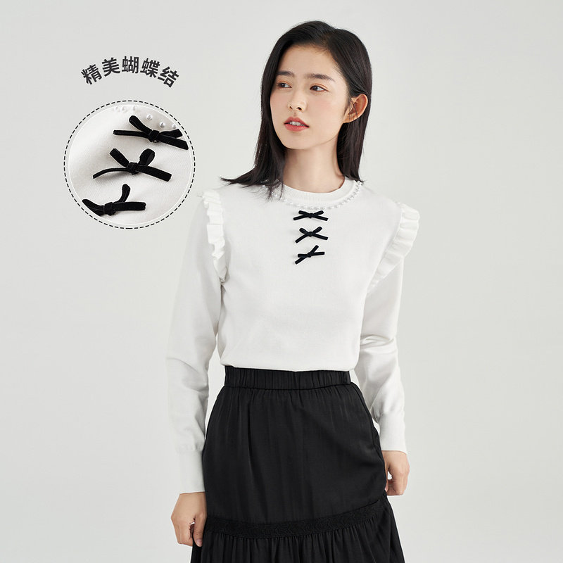 茵曼木耳边飞袖针织衫2022年春季新款圆领套头钉珠气质宽松毛衣女