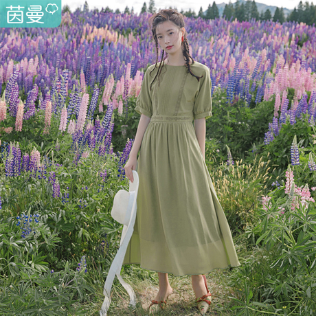 【商场同款】茵曼夏圆领复古文艺绣花收腰显瘦A字真丝连衣裙女商品大图