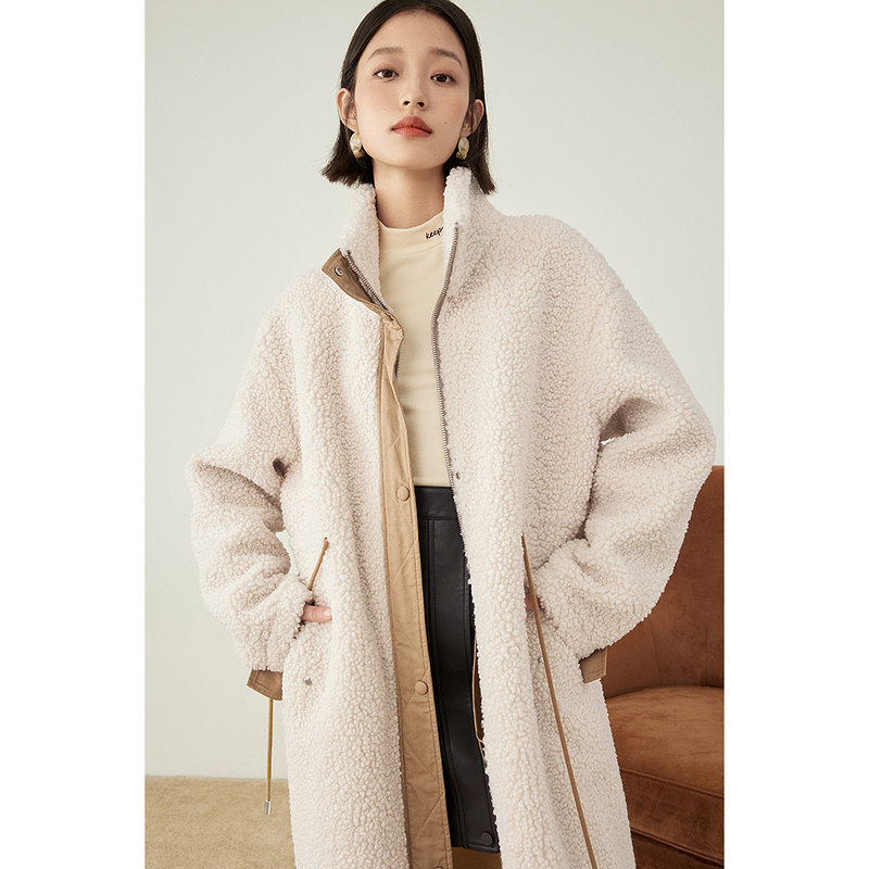 茵曼羊羔绒外套女中长款撞色2021冬新款立领宽松休闲保暖