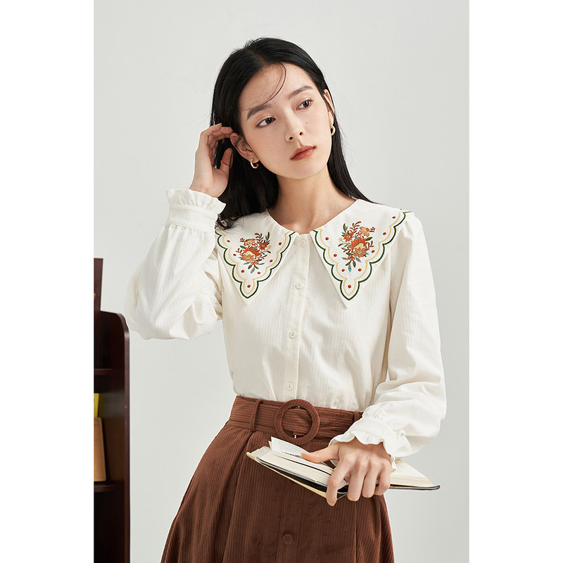 【商场同款】茵曼冬装新款士时尚绣花尖领简约棉质长袖衬衣衬衫女
