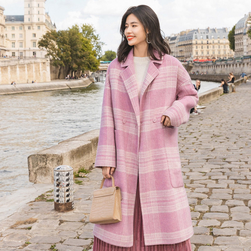 【商场同款】茵曼冬装格纹大口袋双排扣保暖双面呢外套女