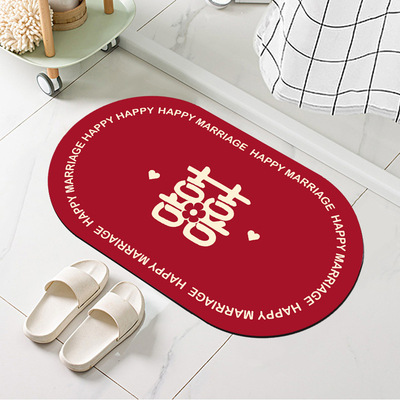 椭圆形红色硅藻泥地垫浴室防滑垫吸水速干易清洗脚垫结婚红地垫