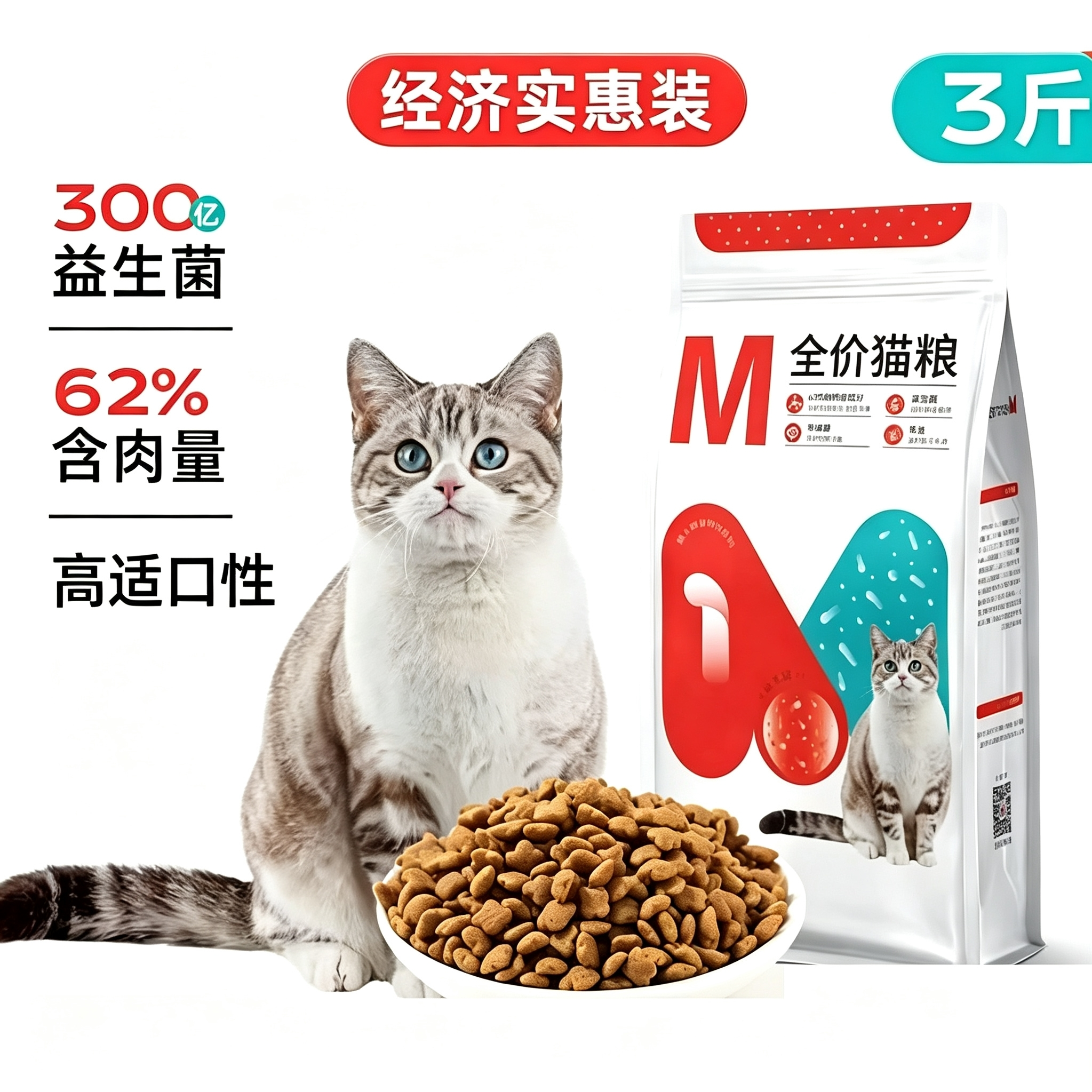 美人喵猫粮M1成猫幼猫全价全阶段猫主粮益生菌牛磺酸猫粮3斤包邮