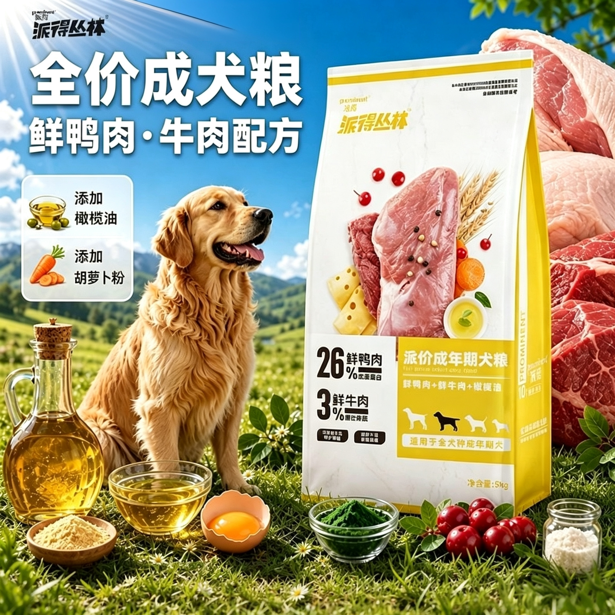 派得狗粮5kg金毛拉布拉多泰迪通用型成犬粮鲜肉全价鲜肉粮10斤