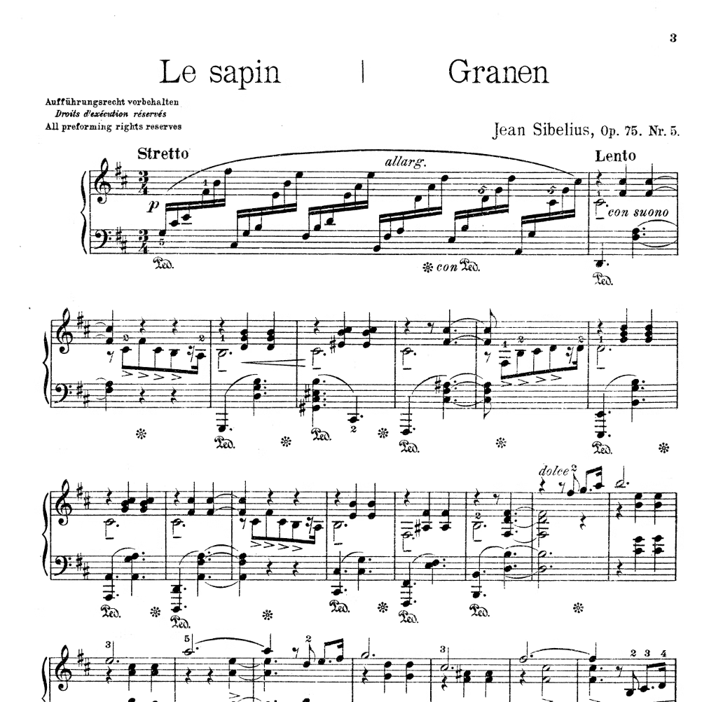 西贝柳斯 树木集 五首钢琴小品op75no.5乐谱曲谱乐曲3页PDF钢琴谱