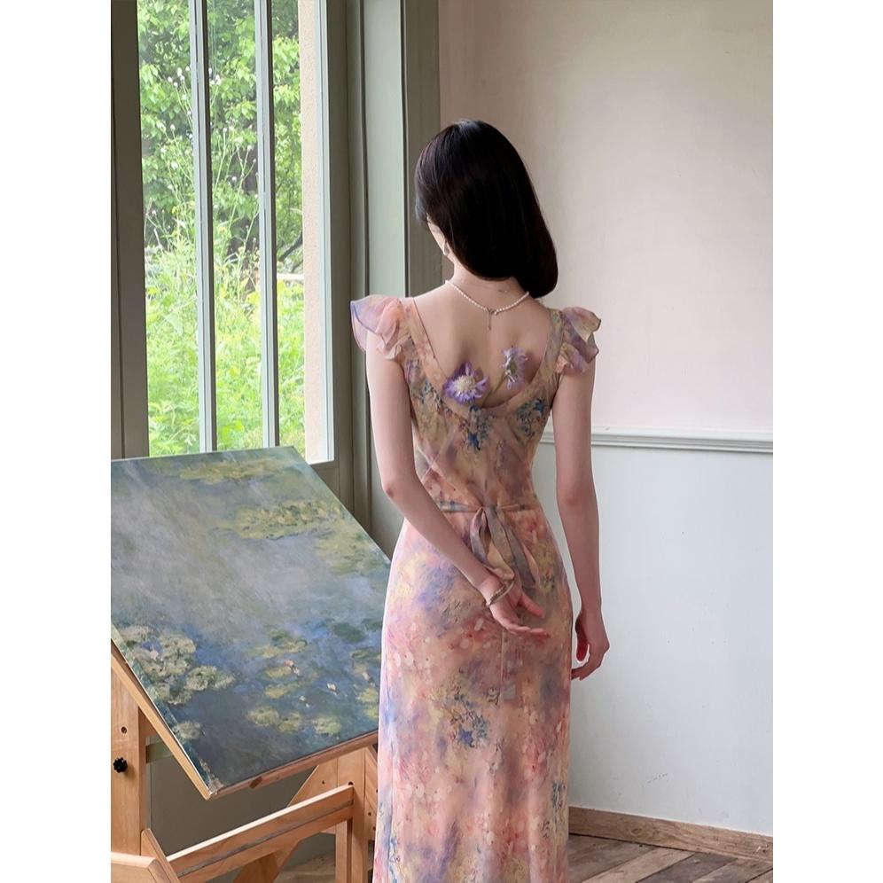 莫奈油画粉色连衣裙女夏季新款气质收腰显瘦吊带裙度假长款碎花裙
