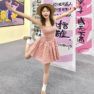 面料纯欲风甜美短裙夏季 原版 收腰显瘦俏皮少女格纹吊带连衣裙女