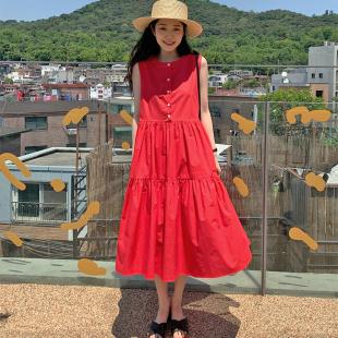 韩国chic夏季 背心连衣裙 法式 复古甜美可爱简约宽松无袖