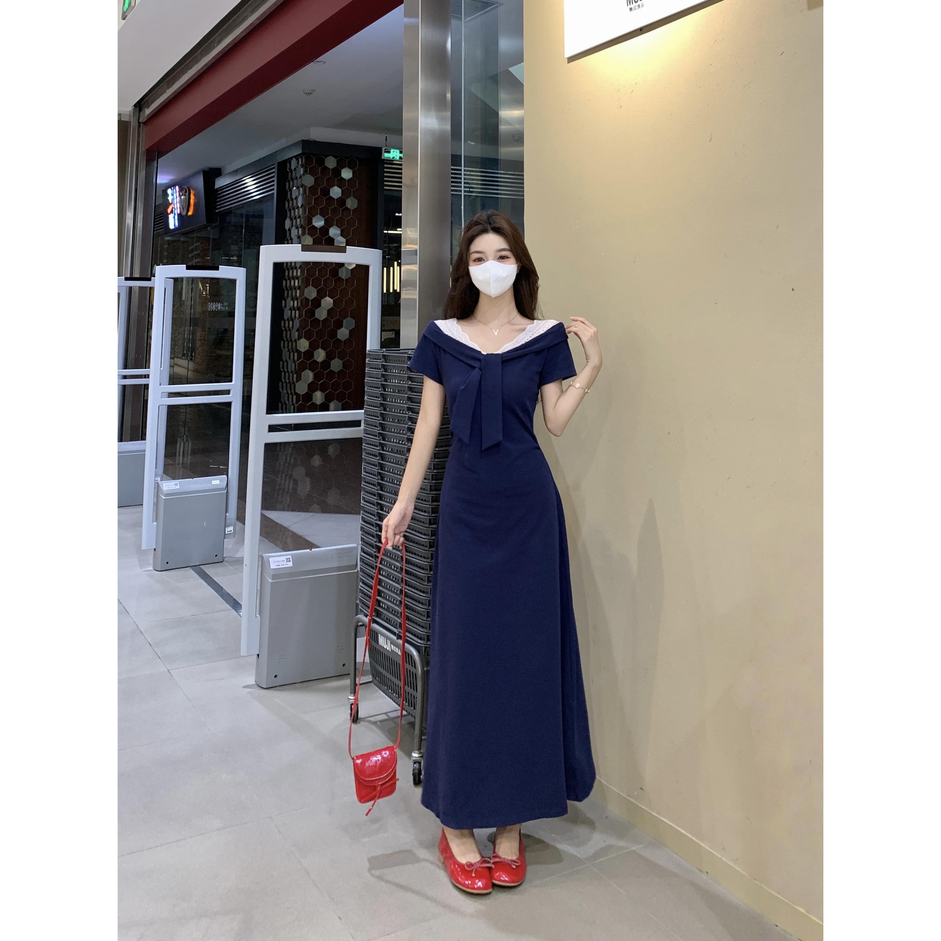 大码2025蕾丝邂逅女装胖妹妹海军领蕾丝拼接短袖收腰显瘦连衣裙女