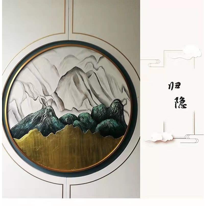 手绘山水装饰壁画新中式客厅沙发背景墙茶室走廊尽头禅意圆形挂画图片