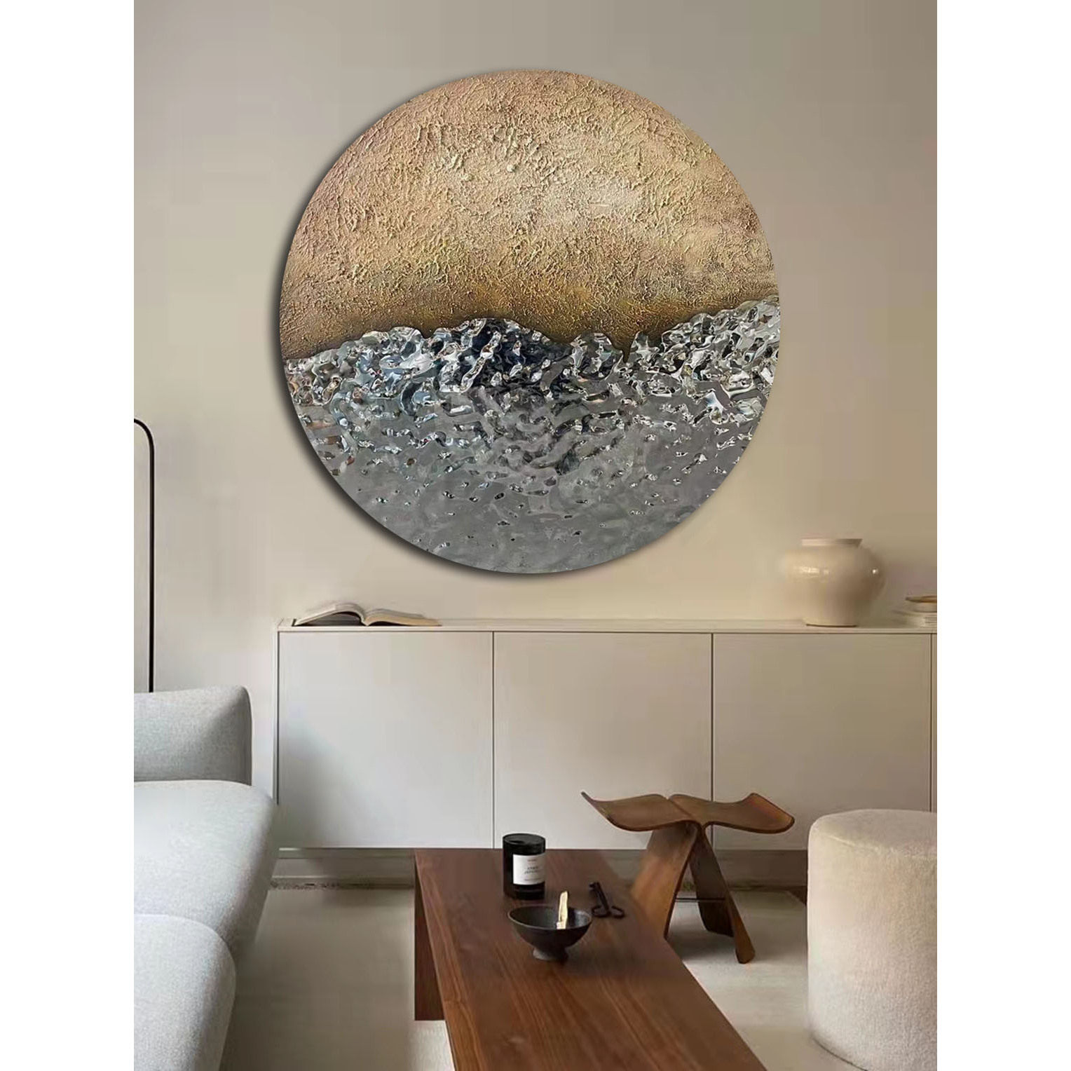 现代简约沙发背景墙3D立体装饰画壁饰铁艺圆形玄关餐厅手绘肌理画
