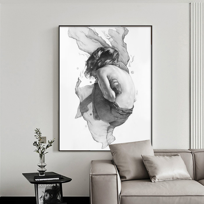 现代北欧黑白素描人物文艺落地玄关装饰画客厅卧室复古小众墙挂画图片