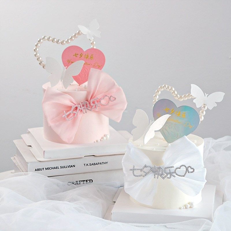 速发人夕情七节蛋糕装饰摆件大蝴蝶结珍珠爱心插件爱心节快日乐