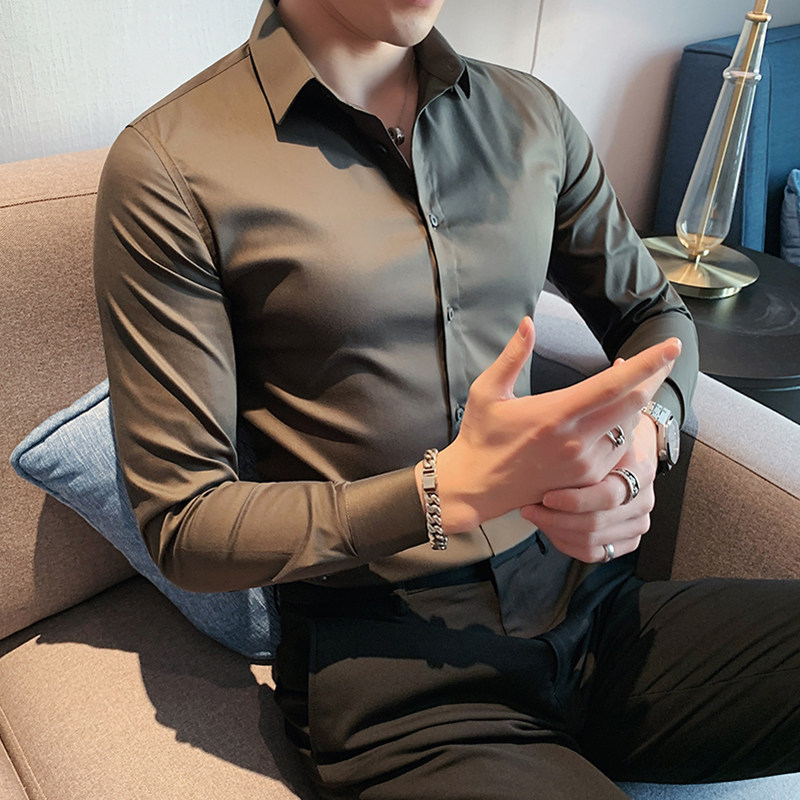 春秋季英伦风长袖衬衫男士修身商务免烫衬衣时尚百搭纯色休闲上衣