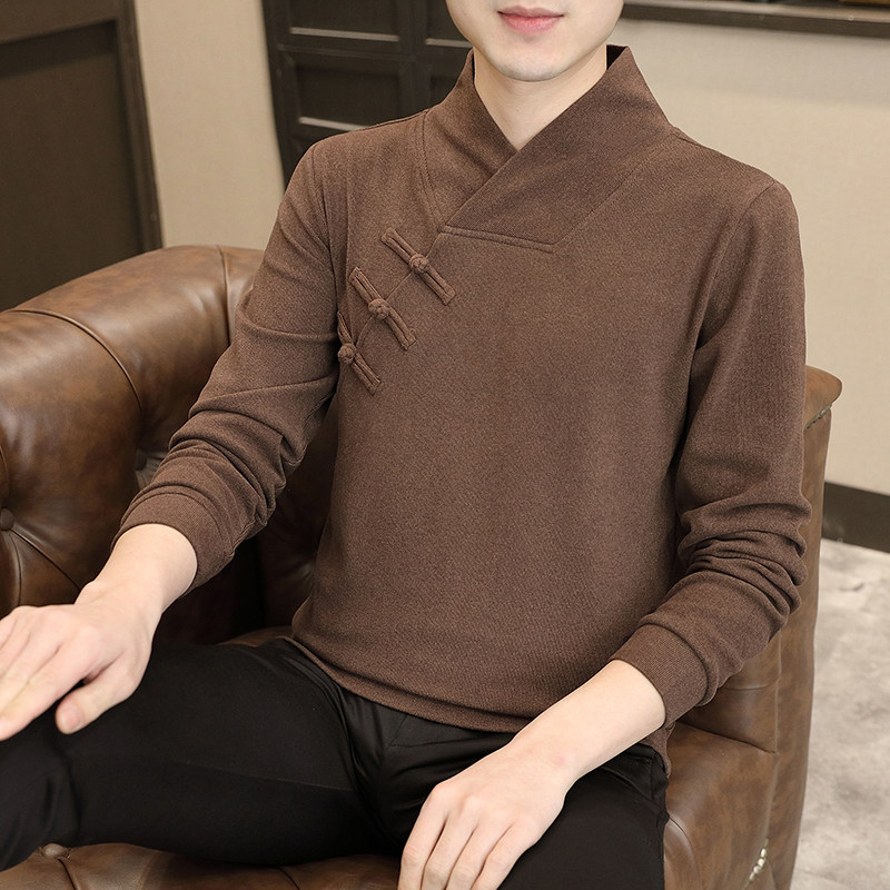 春秋季中国风立领长袖t恤新中式盘扣复古纯色上衣男士修身打底衫