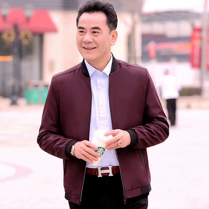 爸爸装中年男士商务行政夹克春秋季薄款外套中老年爷爷休闲上衣服