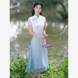 印花改良旗袍连衣裙2025年新款夏季气质渐变色素雅年轻款茶服禅服，商品下架区，语缦