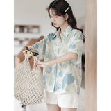 2025新款设计感小个子印花短袖衬衫女夏季小众学院风显瘦宽松上衣，商品下架区，凯文服饰