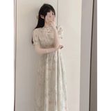 2025年新中式碎花改良旗袍连衣裙女夏年轻款少女日常收腰雪纺裙子，商品下架区，语缦