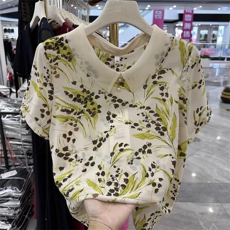 中年妈妈装娃娃领碎花雪纺衬衫夏装短袖洋气别致小衫减龄宽松上衣，商品下架区商品下架区，语缦