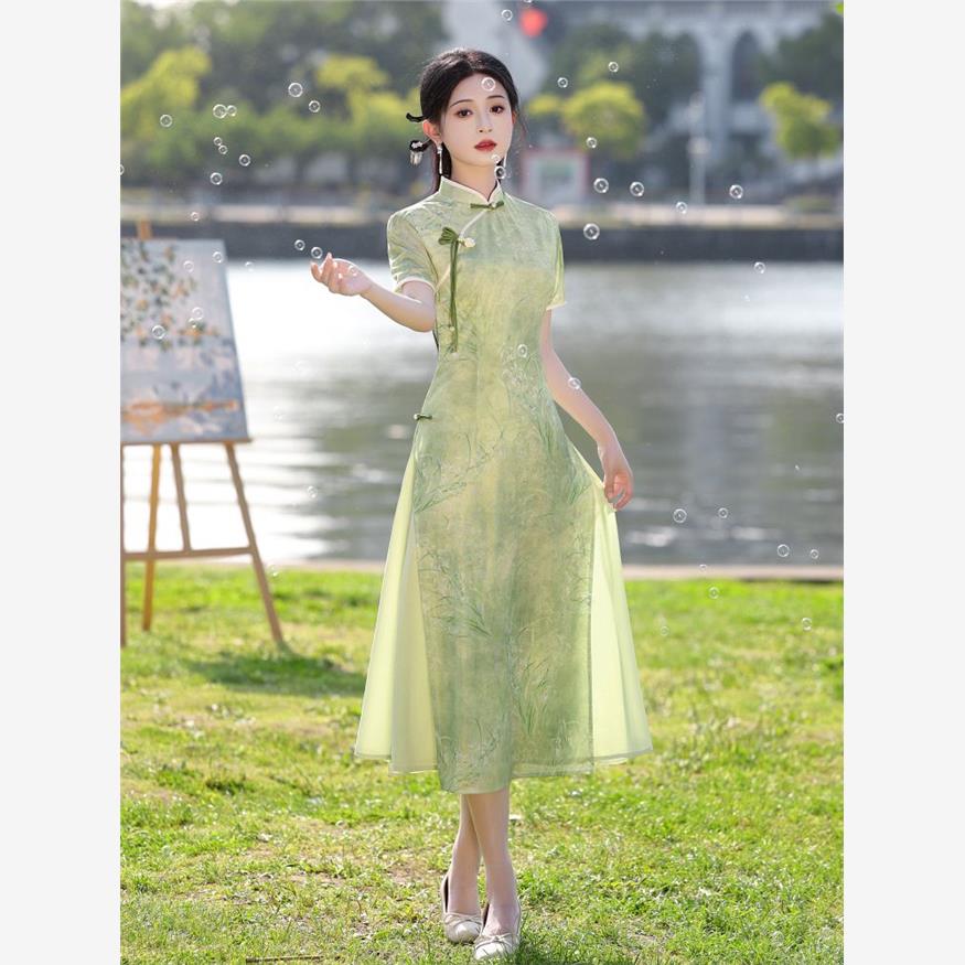 绿色奥黛旗袍2025新款夏季改良年轻款少女新中式日常可穿高考送考，商品下架区商品下架区，语缦