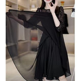 黑色七分袖连衣裙高级感早春装女款2025年新款初春穿搭显瘦气质裙，商品下架区，凯文服饰