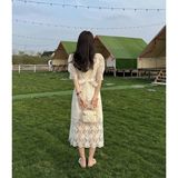 风光旖旎菱形蕾丝连衣裙女新款韩版气质显瘦中长款纯色字裙，商品下架区，凯文服饰