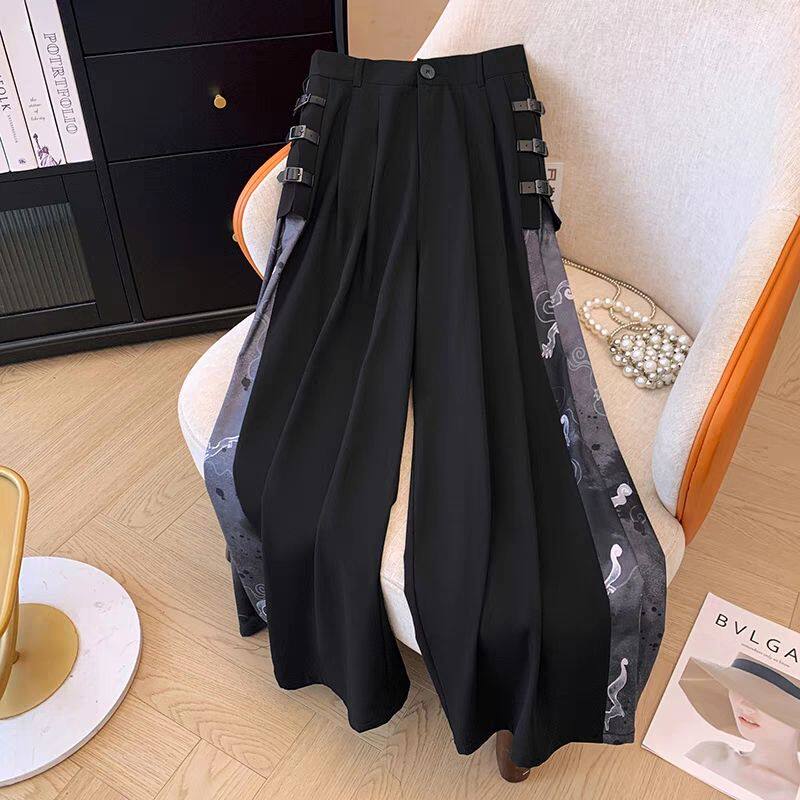 2025风中式宽松皮扣垂感阔腿裤新款女高腰休闲宽松遮肉改良宋裤，商品下架区商品下架区，凯文服饰