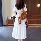 2025年夏季新款宽松遮肚洋气中长款显瘦收腰拼接短袖圆领连衣裙，商品下架区，语缦