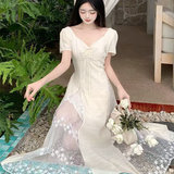 大码温柔风领连衣裙女夏季高级感复古裙子收腰显瘦气质长裙，商品下架区，凯文服饰