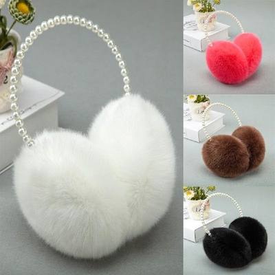 网红Women Pearls Earmuff Winter Imitation Rabbit Plush Ear