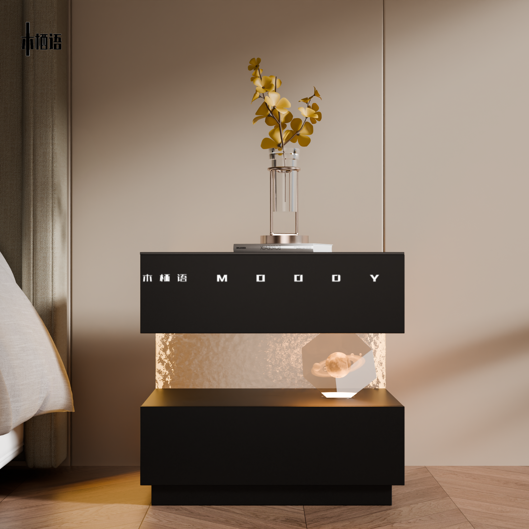 意式轻奢高级感床头柜极简创意床边柜亚克力带氛围灯光实木储物柜