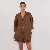2025秋季 棕色宽松长袖 衬衣纯亚麻慵懒气质时尚 dissh同款 中性衬衫