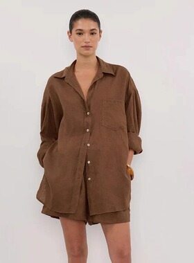 dissh同款2025秋季棕色宽松长袖衬衣纯亚麻慵懒气质时尚中性衬衫