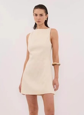 dissh同款一字领亚麻背心连衣裙老钱风极简a字绑带短款打底裙子