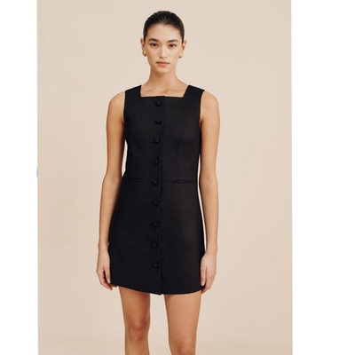 澳洲小众posse黑色亚麻连衣裙复古老钱风无袖排扣简约百搭短裙女