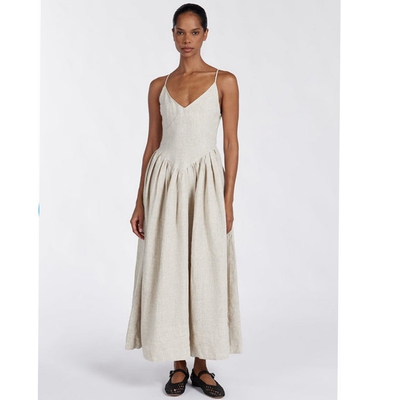 v领亚麻拼接吊带连衣裙